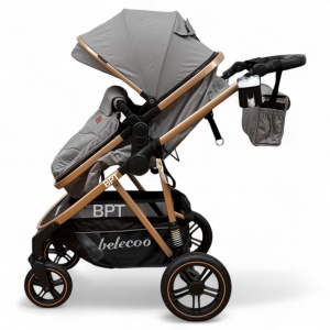 Carucior copii 2 In 1 Belecoo BebeJoy Cu Roti Cauciuc Landou Reversibil Transformabil Baby Grey - Img 4