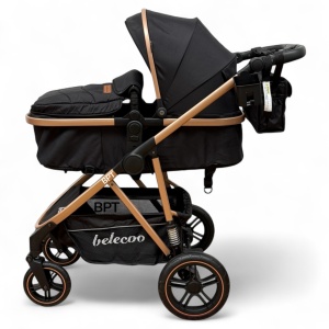 Carucior copii 2 In 1 Belecoo BebeJoy Cu Roti Cauciuc Landou Reversibil Transformabil Baby Black - Img 4