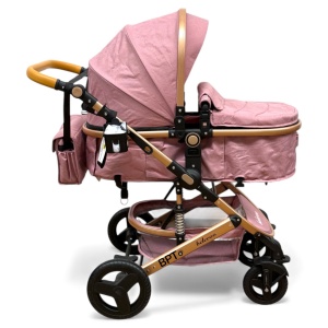 Cărucior copii 2 in 1 Belecoo landou reversibil roti cauciuc accesorii roz pudra - Img 2