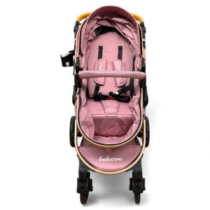 Cărucior copii 2 in 1 Belecoo landou reversibil roti cauciuc accesorii roz pudra - Img 11