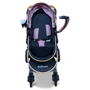 Cărucior copii 2 in 1 Belecoo landou reversibil roti cauciuc accesorii roz negru - Img 10