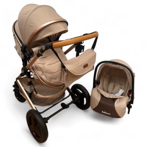 Carucior copii 3 în 1 Belecoo transformabil accesorii Crem Cu Maro - Img 6