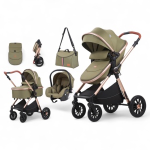 Carucior copii 3 in 1 TrioGo Dark Kaky cu maner reversibil , landou transformabil si reversibil, husa de picioare si gentuta H2D