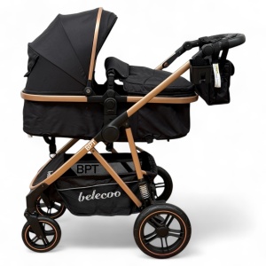 Carucior copii 2 In 1 Belecoo BebeJoy Cu Roti Cauciuc Landou Reversibil Transformabil Baby Black - Img 2