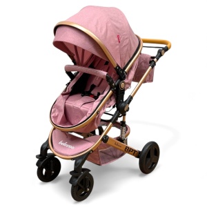 Cărucior copii 2 in 1 Belecoo landou reversibil roti cauciuc accesorii roz pudra - Img 8