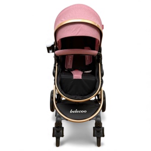 Cărucior copii 2 in 1 Belecoo landou reversibil roti cauciuc accesorii roz negru - Img 7