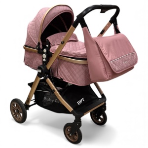 Carucior copii 2 in 1 cu maner reversibil si landou transformabil Baby C. Premium Roz BPTX2S - Img 2