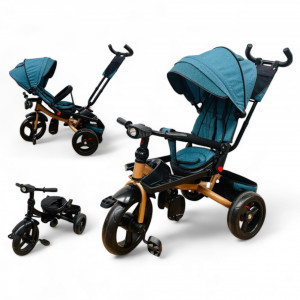 TRICICLETA COPII 5099EVA PLUS CU POZITIE DE SOMN, SCAUN REVERSIBIL, FAR CU LUMINI SI MUZICA, TURCOAZ GOLD - Img 1
