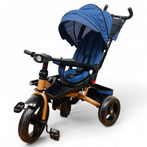 TRICICLETA COPII 5099EVA PLUS CU POZITIE DE SOMN, SCAUN REVERSIBIL, FAR CU LUMINI SI MUZICA ALBASTRU GOLD - Img 3