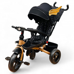 TRICICLETA COPII 5099EVA PLUS CU POZITIE DE SOMN, SCAUN REVERSIBIL, FAR CU LUMINI SI MUZICA BLACK WINGS GOLD - Img 3