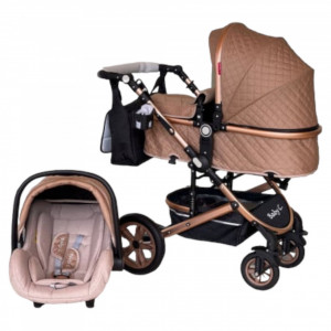 Carucior 3 in 1 Baby Care Cu geanta bebe, Cadru Aluminiu Gold, Amortizoare, Landou, Scoica auto, Spatar reglabil 3 trepte, Plasa insecte, Beige Lux