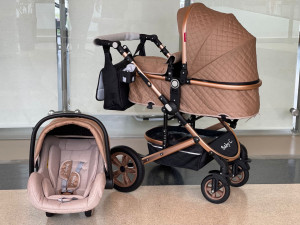 Carucior 3 in 1 Baby Care Cu geanta bebe, Cadru Aluminiu Gold, Amortizoare, Landou, Scoica auto, Spatar reglabil 3 trepte, Plasa insecte, Beige Lux - Img 2