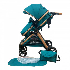 Carucior Copii 2 In 1 Belecoo CLASS Turcoaz Roti Cauciuc, Landou Reversibil - Img 6