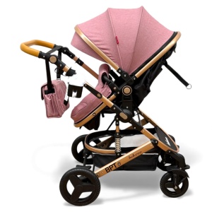 Cărucior copii 2 in 1 Belecoo landou reversibil roti cauciuc accesorii roz negru - Img 4