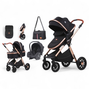 Carucior copii 3 in 1 TrioGo Negru cu maner reversibil , landou transformabil si reversibil, husa de picioare si gentuta H2D - Img 1