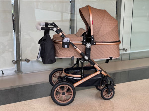 Carucior 3 in 1 Baby Care Cu geanta bebe, Cadru Aluminiu Gold, Amortizoare, Landou, Scoica auto, Spatar reglabil 3 trepte, Plasa insecte, Beige Lux - Img 3