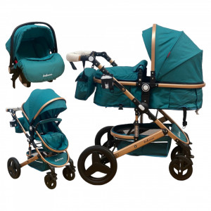 Carucior bebe 3 in 1, 0-36 Luni, Cadru Auriu, Belecoo Green, Landou, Scoica, Accesorii - Img 1