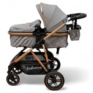 Carucior copii 2 In 1 Belecoo BebeJoy Cu Roti Cauciuc Landou Reversibil Transformabil Baby Grey - Img 5