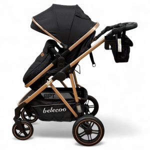 Carucior copii 2 In 1 Belecoo BebeJoy Cu Roti Cauciuc Landou Reversibil Transformabil Baby Black - Img 5