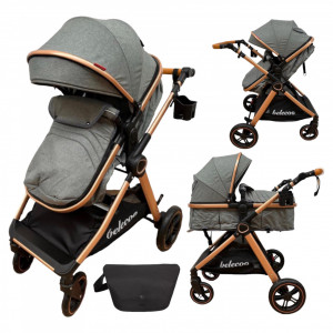 Carucior Copii 2 In 1 Belecoo CLASS Grey Roti Cauciuc Landou Reversibil Transformabil si GENTUTA