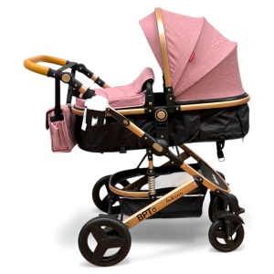 Cărucior copii 2 in 1 Belecoo landou reversibil roti cauciuc accesorii roz negru - Img 2