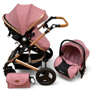 Carucior copii 3 în 1 Belecoo transformabil accesorii Roz Negru - Img 3