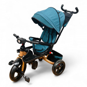 TRICICLETA COPII 5099EVA PLUS CU POZITIE DE SOMN, SCAUN REVERSIBIL, FAR CU LUMINI SI MUZICA, TURCOAZ GOLD - Img 3