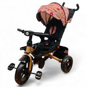 TRICICLETA COPII 5099EVA PLUS CU POZITIE DE SOMN, SCAUN REVERSIBIL, FAR CU LUMINI SI MUZICA FLOWER GOLD - Img 2