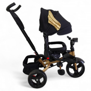 TRICICLETA COPII 5099EVA PLUS CU POZITIE DE SOMN, SCAUN REVERSIBIL, FAR CU LUMINI SI MUZICA BLACK WINGS GOLD - Img 5