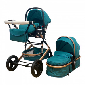 Carucior bebe 3 in 1, 0-36 Luni, Cadru Auriu, Belecoo Green, Landou, Scoica, Accesorii - Img 2