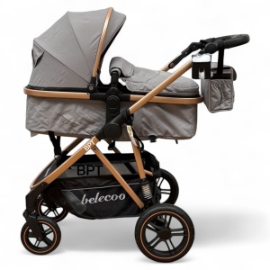Carucior copii 2 In 1 Belecoo BebeJoy Cu Roti Cauciuc Landou Reversibil Transformabil Baby Grey - Img 3