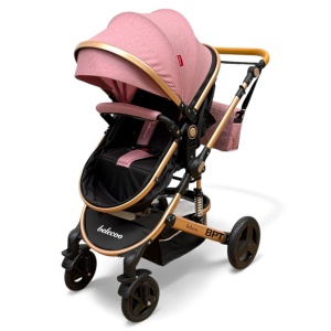 Cărucior copii 2 in 1 Belecoo landou reversibil roti cauciuc accesorii roz negru - Img 8