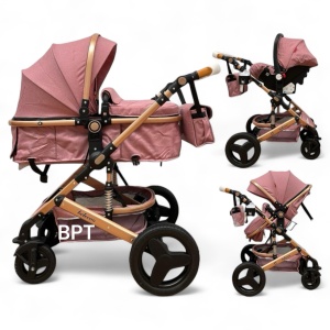 Carucior copii 3 în 1 Belecoo transformabil accesorii Roz Pudra - Img 1