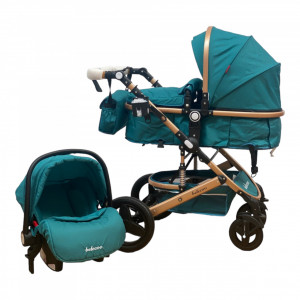 Carucior bebe 3 in 1, 0-36 Luni, Cadru Auriu, Belecoo Green, Landou, Scoica, Accesorii - Img 3