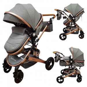 Cărucior copii 2 in 1 Belecoo landou reversibil roti cauciuc accesorii gri - Img 1
