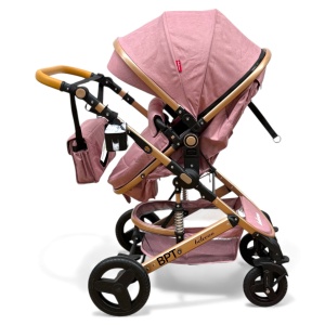 Cărucior copii 2 in 1 Belecoo landou reversibil roti cauciuc accesorii roz pudra - Img 6