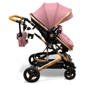 Cărucior copii 2 in 1 Belecoo landou reversibil roti cauciuc accesorii roz negru - Img 5