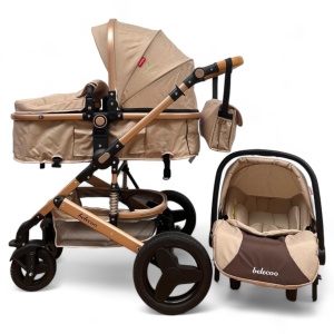 Carucior copii 3 în 1 Belecoo transformabil accesorii Crem Cu Maro - Img 2