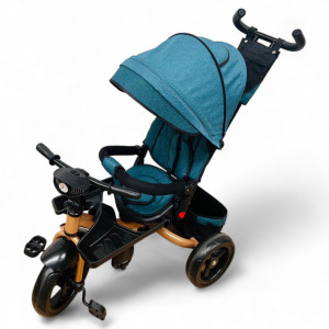 TRICICLETA COPII 5099EVA PLUS CU POZITIE DE SOMN, SCAUN REVERSIBIL, FAR CU LUMINI SI MUZICA, TURCOAZ GOLD - Img 5