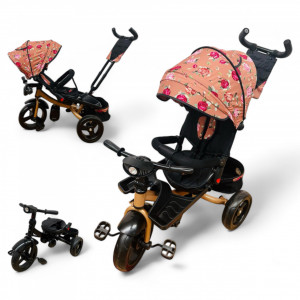TRICICLETA COPII 5099EVA PLUS CU POZITIE DE SOMN, SCAUN REVERSIBIL, FAR CU LUMINI SI MUZICA FLOWER GOLD - Img 1