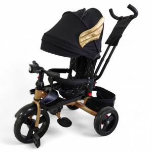 TRICICLETA COPII 5099EVA PLUS CU POZITIE DE SOMN, SCAUN REVERSIBIL, FAR CU LUMINI SI MUZICA BLACK WINGS GOLD - Img 7