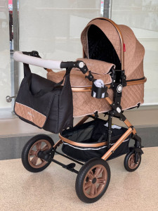 Carucior 3 in 1 Baby Care Cu geanta bebe, Cadru Aluminiu Gold, Amortizoare, Landou, Scoica auto, Spatar reglabil 3 trepte, Plasa insecte, Beige Lux - Img 5
