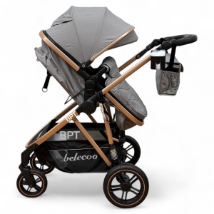 Carucior copii 2 In 1 Belecoo BebeJoy Cu Roti Cauciuc Landou Reversibil Transformabil Baby Grey - Img 6