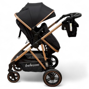 Carucior copii 2 In 1 Belecoo BebeJoy Cu Roti Cauciuc Landou Reversibil Transformabil Baby Black - Img 6
