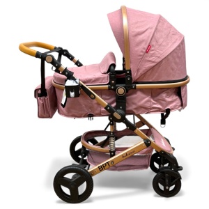 Cărucior copii 2 in 1 Belecoo landou reversibil roti cauciuc accesorii roz pudra - Img 3