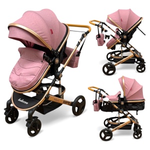 Cărucior copii 2 in 1 Belecoo landou reversibil roti cauciuc accesorii roz negru