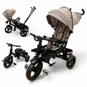 TRICICLETA COPII 5099EVA CU POZITIE DE SOMN, SCAUN REVERSIBIL, FAR CU LUMINI SI MUZICA, BEIGE - Img 1