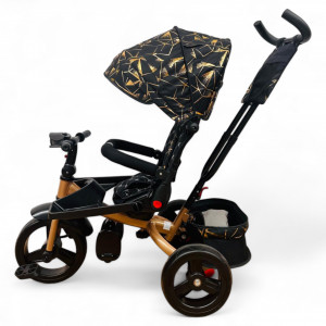 TRICICLETA COPII 5099EVA PLUS CU POZITIE DE SOMN, SCAUN REVERSIBIL, FAR CU LUMINI SI MUZICA NEGRU GOLD - Img 3