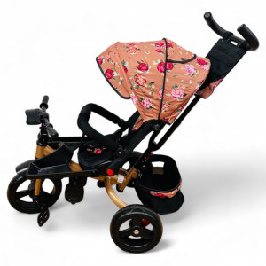 TRICICLETA COPII 5099EVA PLUS CU POZITIE DE SOMN, SCAUN REVERSIBIL, FAR CU LUMINI SI MUZICA FLOWER GOLD - Img 4
