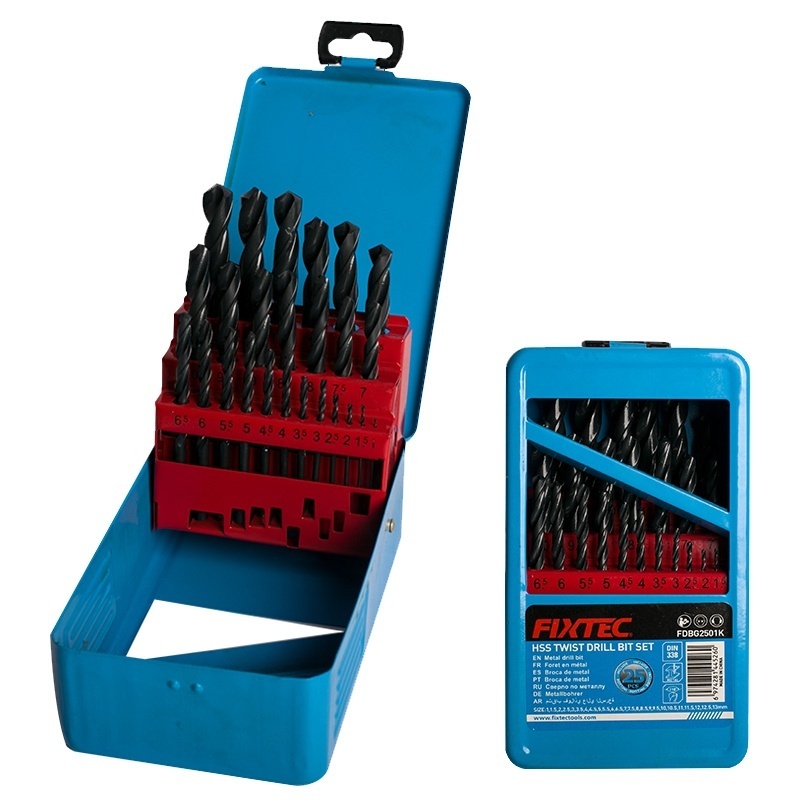 Trusa burghie HSS FIXTEC 25 bucati, 1-13mm, carcasa metalica
